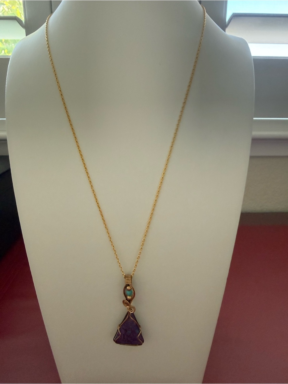 Artisan Gold-Tone Wire Wrapped Necklace Pendant with Purple and Turquoise Stones